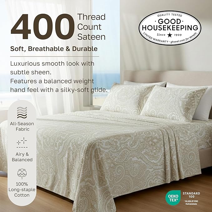 California Design Den Soft 100% Cotton Sheets King Size Set, 400 TC Good - Image 3