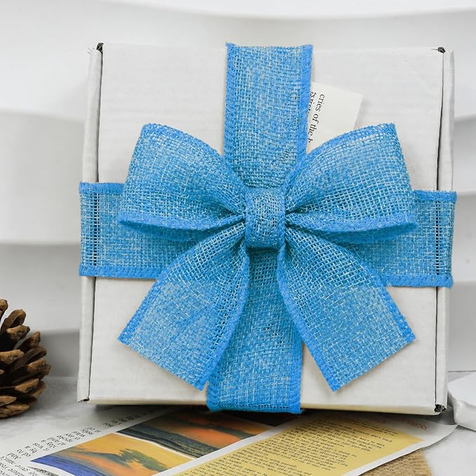 Light Blue Burlap Ribbon 1-1/2 inch X 10 Yard Blue Wired Ribbon | Natural Linen - Image 5
