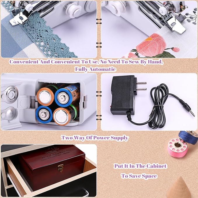 Handheld Sewing Machine, with Elegant Wooden Sewing Box and 153-Piece Sewing Kit - Image 6