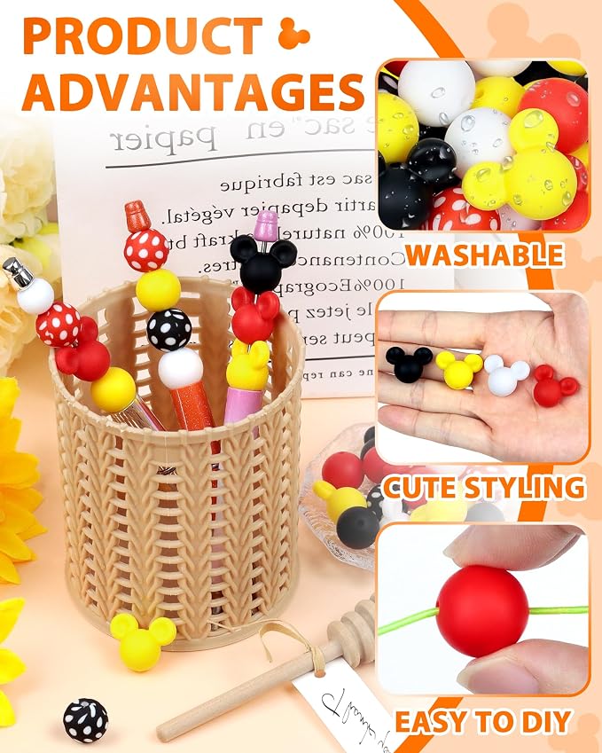 FIVEIZERO 76PCS Mouse Silicone Beads Kit | Mouse Ears & Round Beads, 4 Colors - Image 3