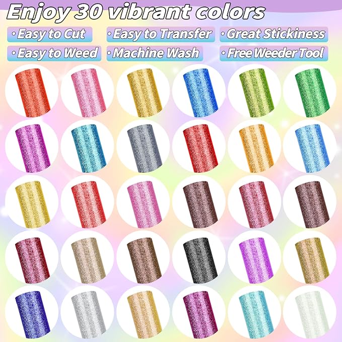 30 Pack Glitter HTV Vinyl 12" x 3FT Heat Transfer Iron On Vinyl Bundle | 30 - Image 2