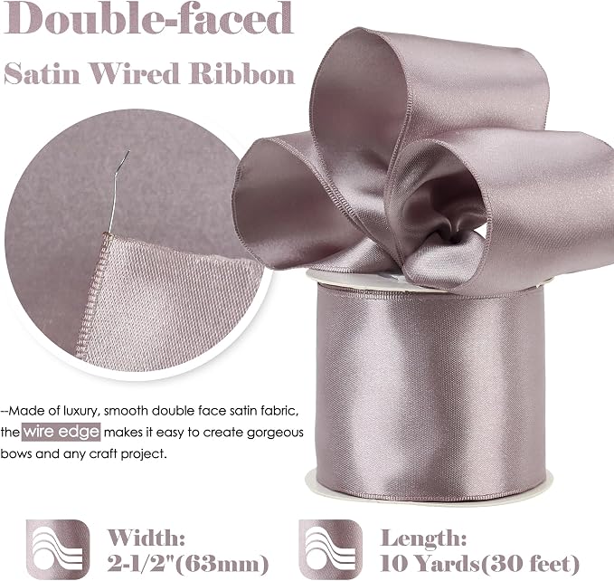 HUIHUANG Lilac Satin Wired Ribbon 2.5 inch Dusty Purple Double-Faced Satin Wire - Image 2