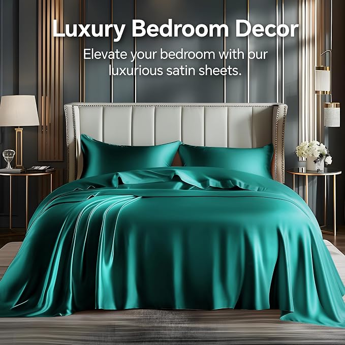 BEDELITE Satin Sheets Twin XL Size Bed Set, Luxury Soft Teal Silky Sheets - Image 2