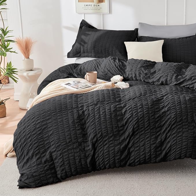 HYMOKEGE Black/Light Grey Full Size Comforter Sets Seersucker 7 Pieces - Image 2