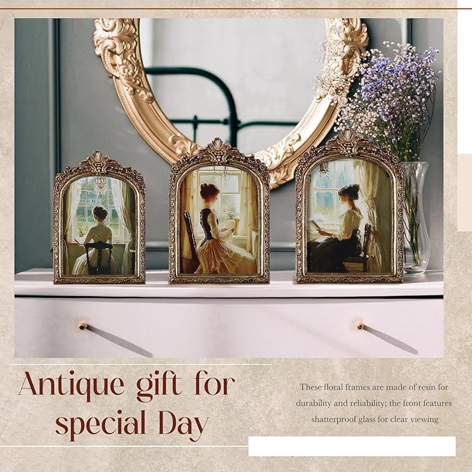 Wonderjune 3 Pcs Vintage Picture Frames Antique Set Baroque Ornate Gold Arched - Image 5