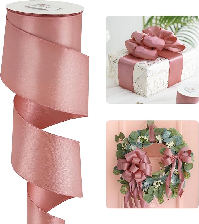 HUIHUANG Dusty Rose Wired Ribbon 2.5 inch Rose Pink Satin Wire Ribbon by HUIHUANG