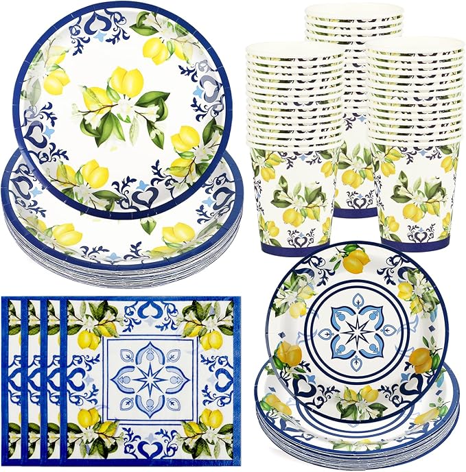250 PCS Capri Lemon Party Tableware Supplies, Disposable Blue Paper Plates Cups by Unknown