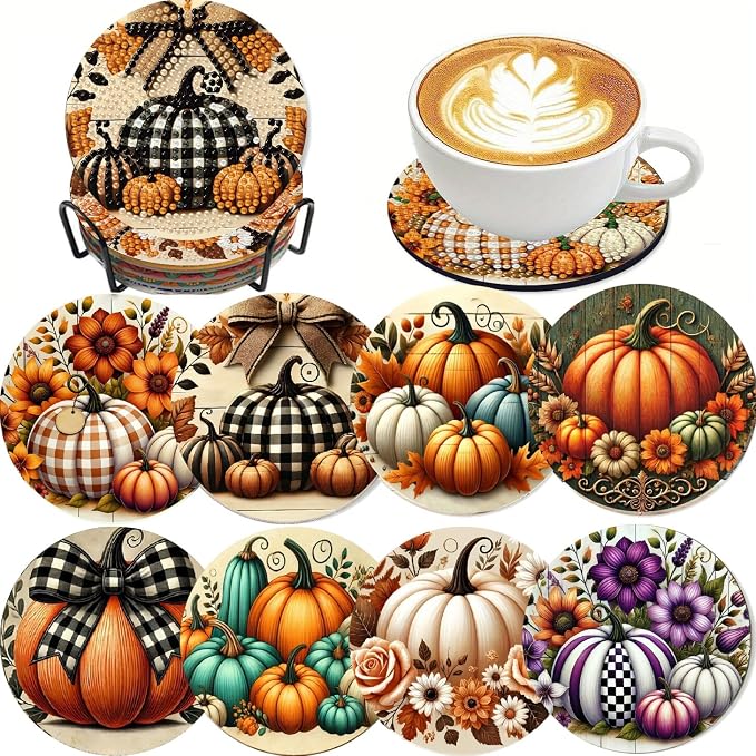 LWZAYS 8 PCS Fall Pumpkin Diamond Art Coaster Kits by LWZAYS