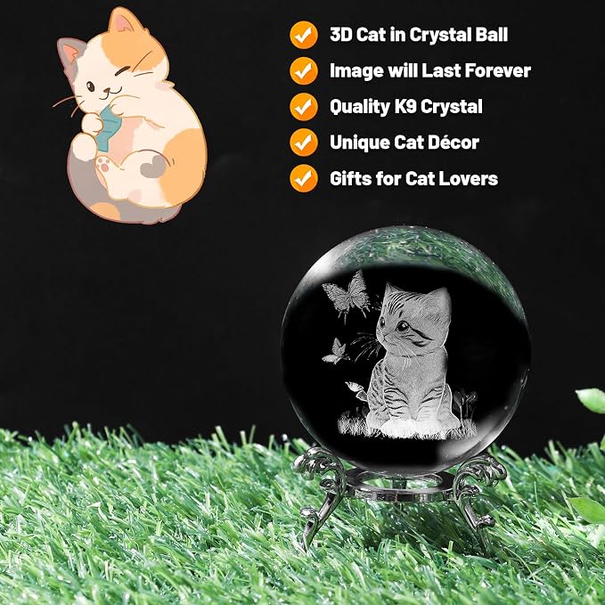 3D Cat Crystal Ball with Stand Lase Engraved Glass Sphere Paperweight Cat Decor - Image 4