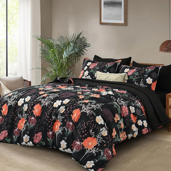 Yiran Black Red Floral Comforter Set King Size, 7 Piece Winter Comforter - Image 2