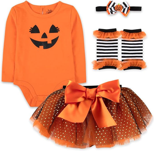 Baby Girl Holiday Outfit 4-Piece Set – Long Sleeve Bodysuit, Pants, Tutu Skirt & Headband – Halloween, Thanksgiving
