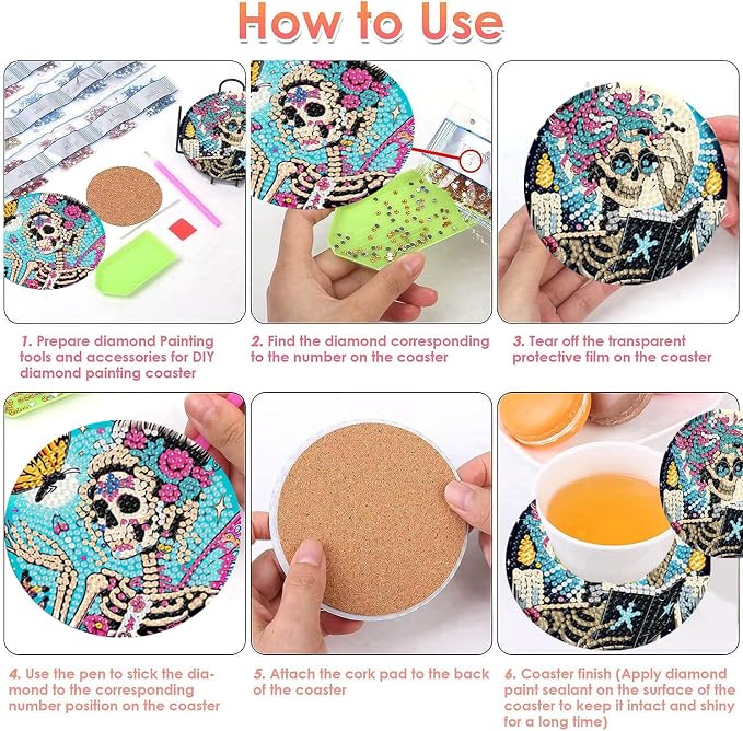 ijbnhd 8 PCS Skull Diamond Art Coasters Kit Diamond Painting Coasters | Skull - Image 7