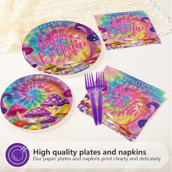 96Pcs Tie Dye Mushroom Birthday Party Decorations Tie Dye Plates and Napkins - Image 3
