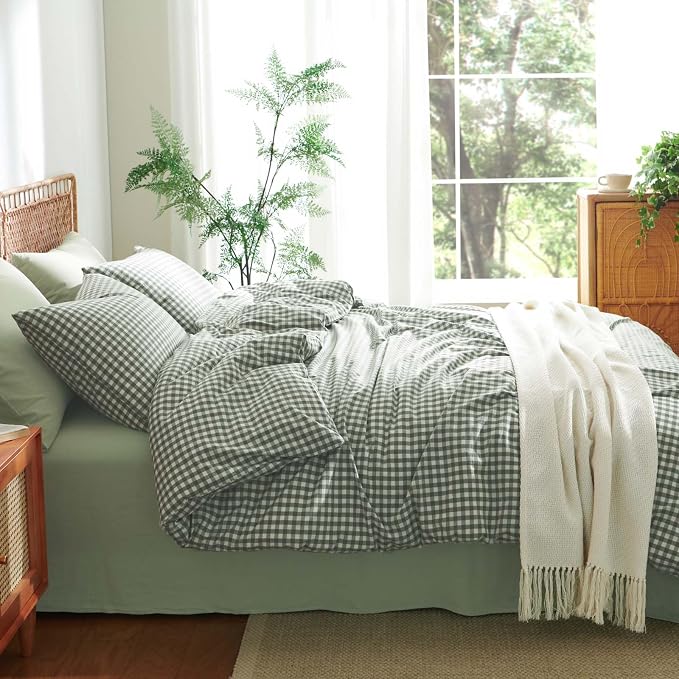 Nayoroom Gingham Duvet Cover King Size 100% Washed Cotton Green Plaid Checkered - Image 4