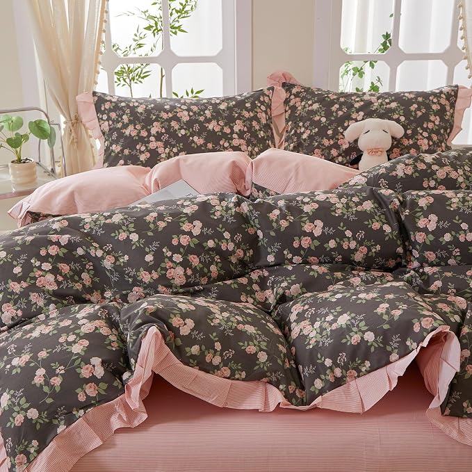 mixinni Vintage Floral Duvet Cover Set King Size – 100% Cotton Ruffle Lace - Image 3