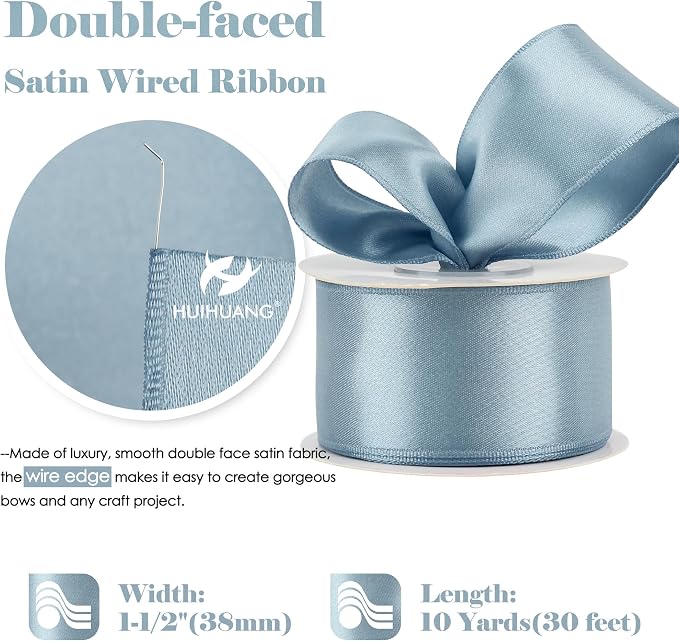 HUIHUANG Dusty Blue Wired Ribbon 1-1/2 inch French Blue Double-Faced Satin - Image 2