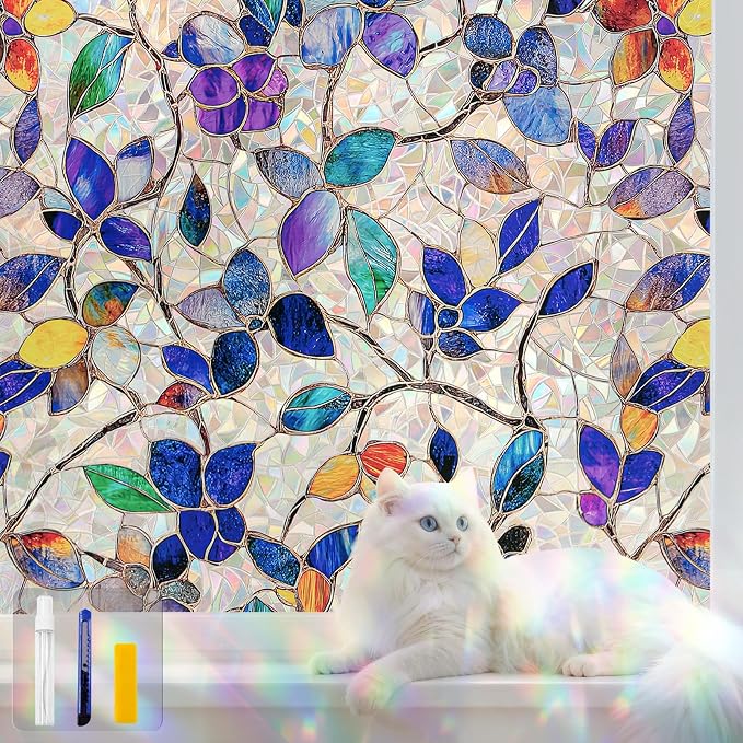 Stained Glass Window Privacy FilmDecorative Rainbow Static Clings -ldeal by QHYsunshine