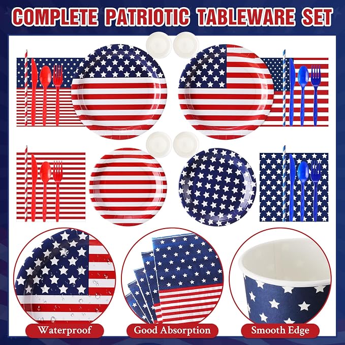 450 Pcs 4th of July Patriotic Tableware Set Decorations USA Red White Blue - Image 3