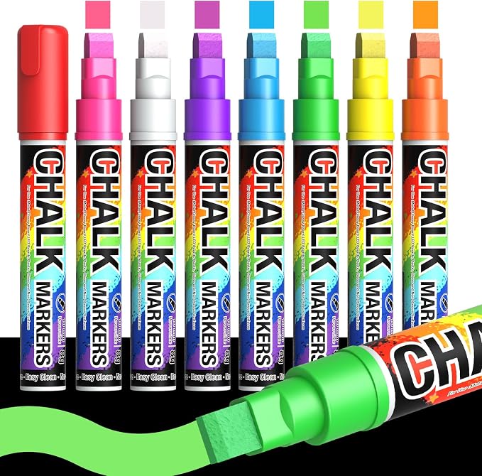 Window Chalk Markers for Cars Glass Washable: 8 Colors Jumbo Liquid Chalk Paint by AKARUED