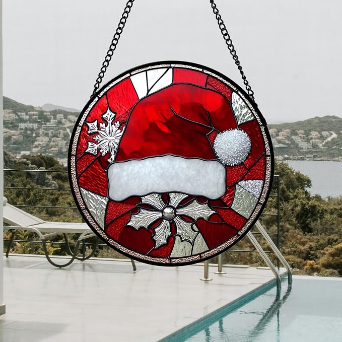 DASTOLL Stained Glass Window Hanging 4 Pcs Set Red Christmas Decorations Theme - Image 3