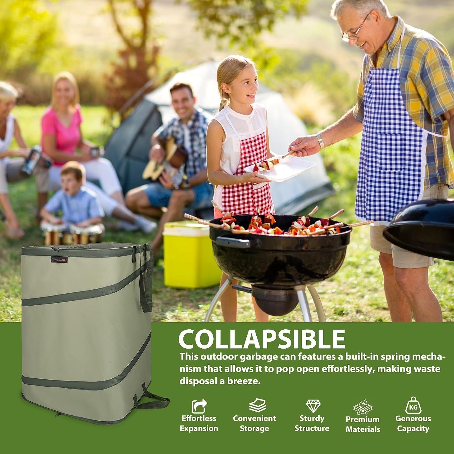 YUDI & GARDEN 46 Gallon Square Collapsible Yard Waste Containers｜Collapsible Trash Can｜Camping Trash Can, for Collecting Weeds or Yard and Party Waste, Green