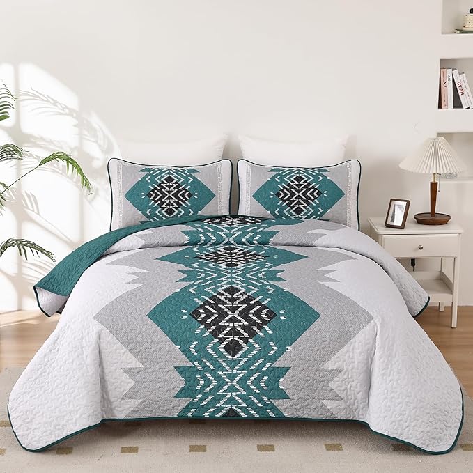 Dintszyayue Boho Quilt Set King 3 Pieces Teal Aztec Texture Bedspread Coverlet by Dintszyayue