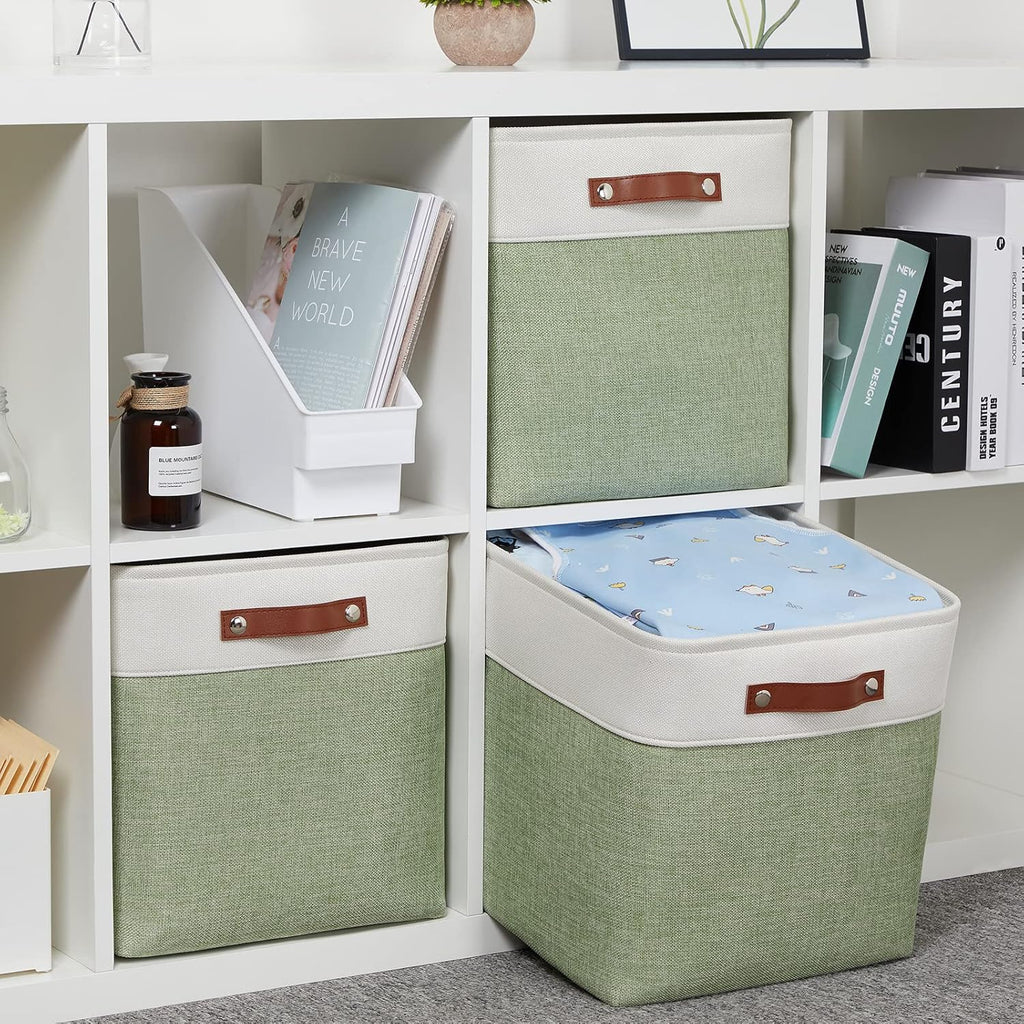 HNZIGE Foldable Storage Cubes & Baskets (3 Pack) - 13 Inch Storage Bin with Leather Handles for Toys, Clothes, Kids (White & Green)