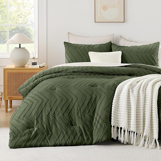 Andency Olive Green Comforter Set Full, Boho Soft Fluffy Warm Lightweight by Andency