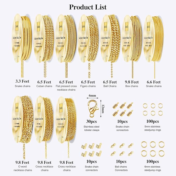 Ecoofor Gold Necklace Chains for Jewelry Making, 75.5 Feet 10 Rolls Jewelry - Image 3