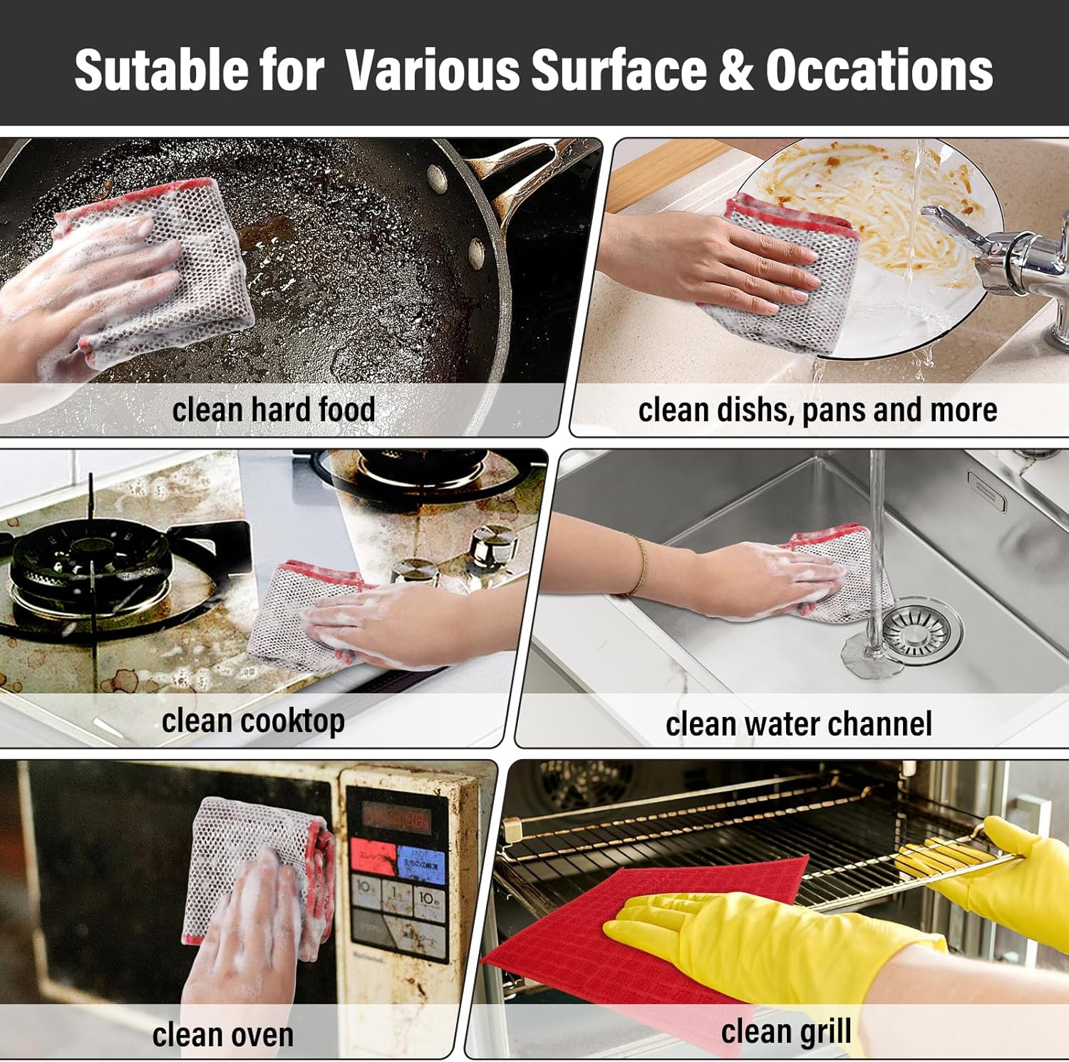 Dish Rags for Washing Dishes 8 Pack Multipurpose Wire Miracle Cleaning Coths Non-Scratch Wire Dishwashing Rag Lint Free Microfiber Cleaning Cloth for Kitchen Windows (Red)