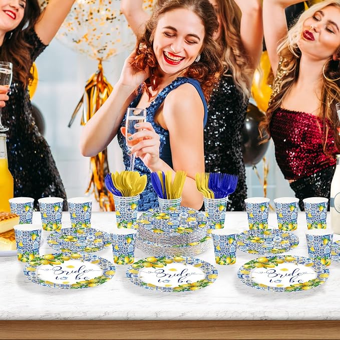 168Pcs Lemon Bridal Shower Party Decor Amalfi Coast Plates Napkins Cups Forks - Image 6