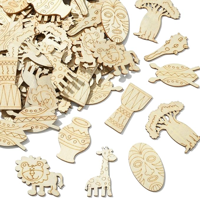 100 pcs Mixed Styles Grassland Animal Theme Unfinished Wooden Cutout Charms by Gythara