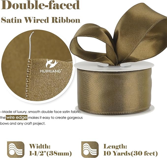 HUIHUANG Brown Wired Ribbon 1-1/2 inch Brown Satin Wire Ribbon - Image 2