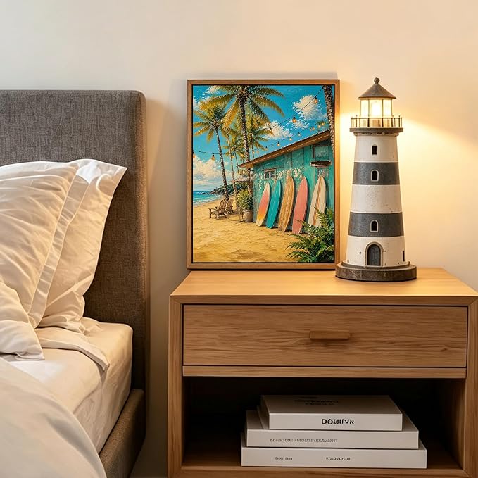 Framed Vintage Tropical Beach Canvas Wall Art Colorful Surfboards Teal Beach - Image 5