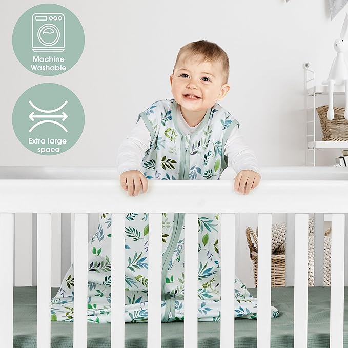 3 Pack Baby Sleep Sack 12-18 Months 100% Rayon Cotton Baby Sleeping Bag 2-Way Zipper Toddler Wearable Blankets Comfy Stretchy TOG 0.3 Lightweight（Banana&leaf&green）