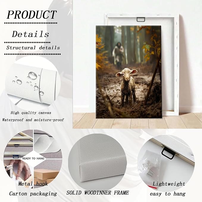 Framed Jesus Running After Lost Lamb Canvas Wall Art - Image 5