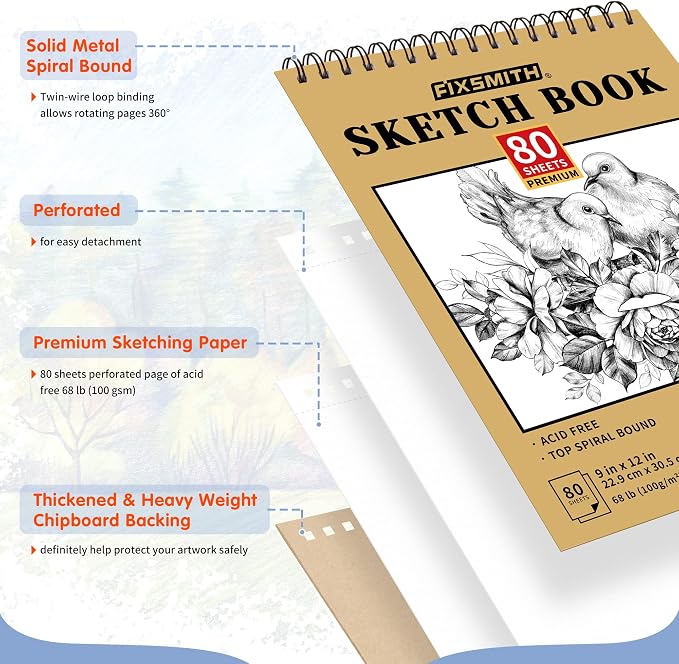 FIXSMITH 9"X12" Sketch Book | 80 Sheets Sketchbook | Top Spiral Bound Artist - Image 2