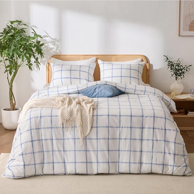Blue Plaid Twin Duvet Cover, 100% Soft Washed Cotton Twin Size Duvet Cover Set - Image 7