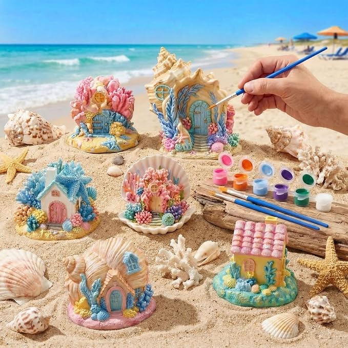 Thyle 6 Set 5 Inch Ceramics Fairy House to Paint Ocean Fairy Garden House Craft - Image 5