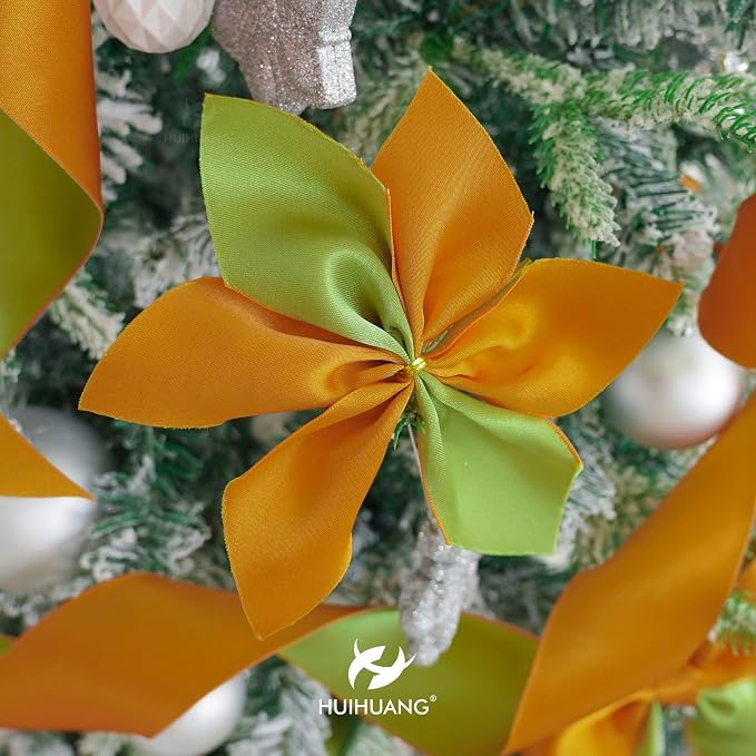 HUIHUANG 2.5 inch Moss Green and Orange Wired Satin Ribbon Double Face Wire - Image 6
