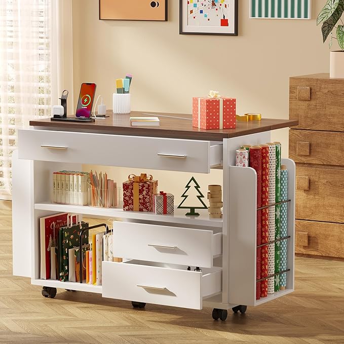 Gift Wrap Storage Cart with Foldable Drop Leaf, Crafting Table with Storage | - Image 3