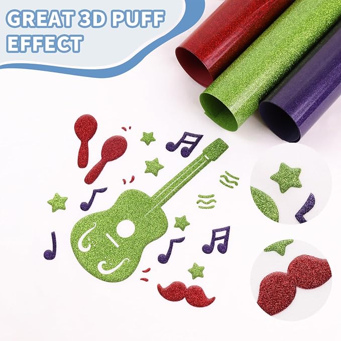 3D Puff Vinyl Heat Transfer, 9 Sheets 12" x 10" Glitter Foaming Puff HTV Vinyl - Image 3