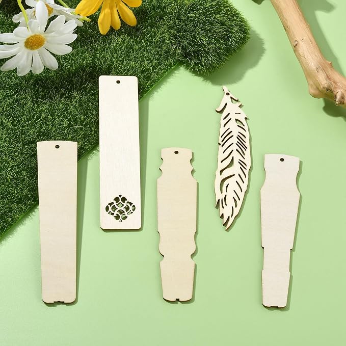 50 pcs 5 Styles Blank Theme Unfinished Wood Cutout Bookmarks Feather Flower - Image 5