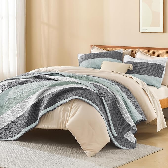 Litanika Quilt King Size Sage Green, Stripe Patchwork Summer Bedspread Coverlet - Image 4