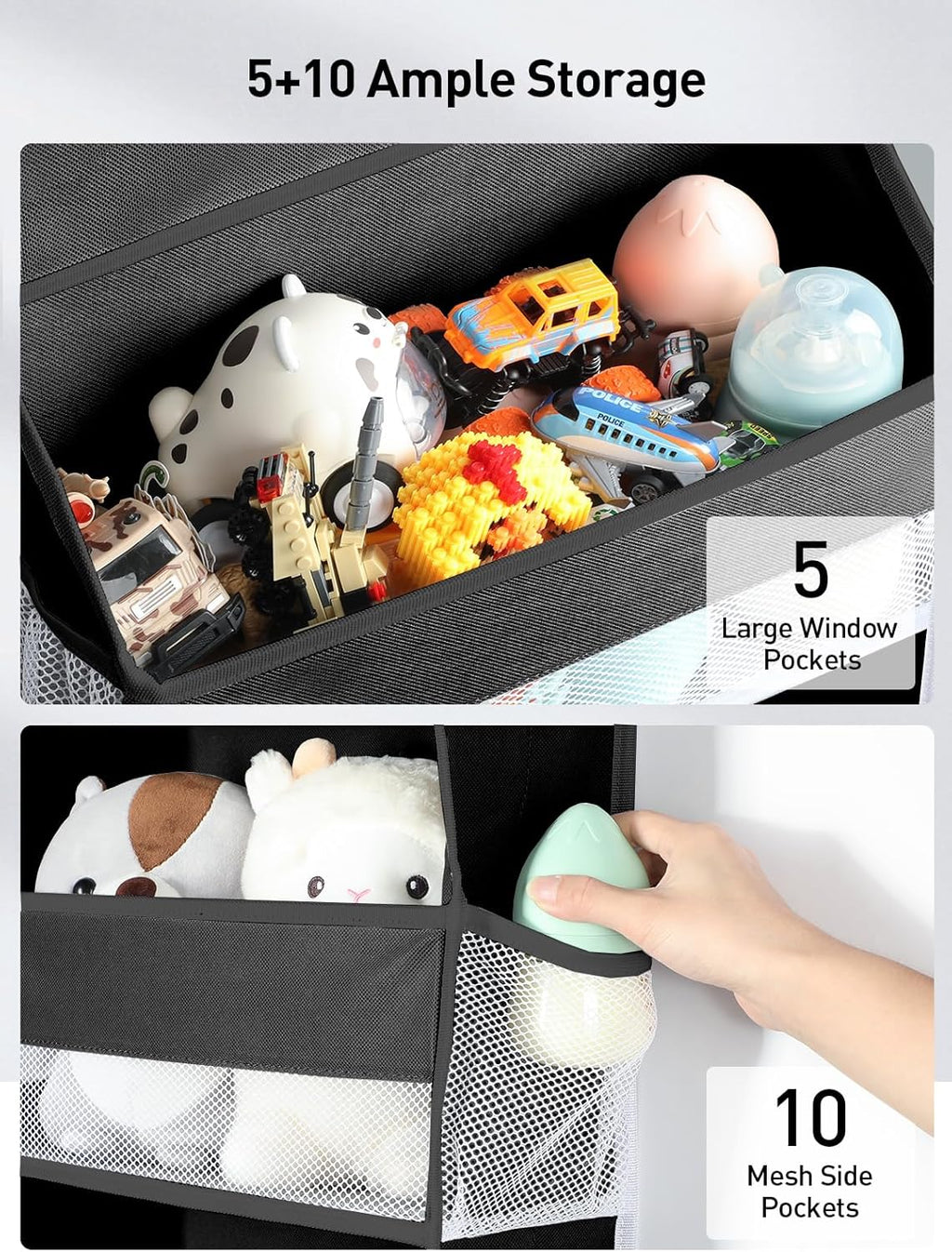 Yecaye 1 Pc Over the Door Organizer with 5 Bins 10 Side Pockets, 44lbs Load Hanging Bathroom and Bedroom Organizer, behind the Door Hanging Organizers for Nursery Newborn Baby Essential Stuff Black