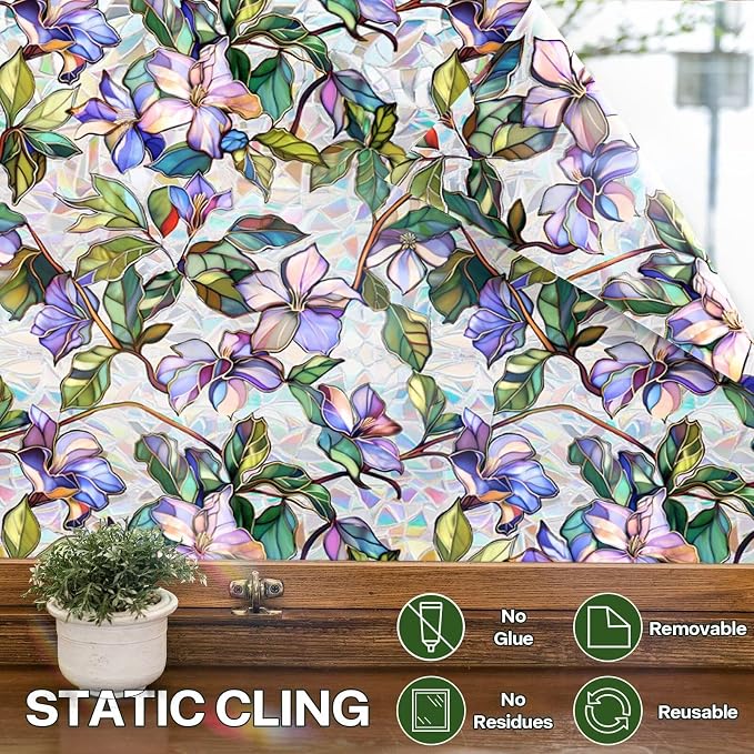 Purple Flower Window Privacy Films, Stained Glass Rainbow Floral Window Sticker - Image 7