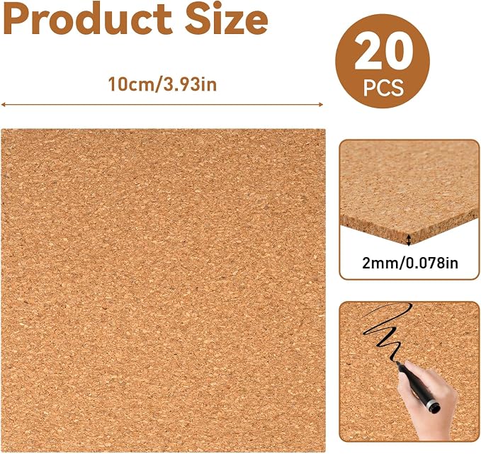 20 Pack Self Adhesive Cork Sheets 4x4 Inch Square, 0.08 in Thick Sticky Back - Image 2