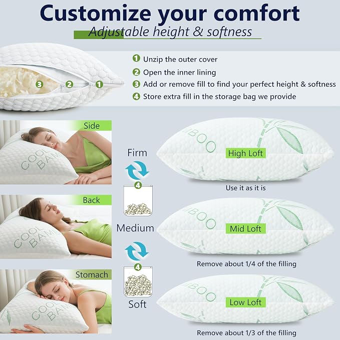 Shredded Memory Foam Pillows, Cooling Pillows Standard Size Set of 2 Adjustable - Image 3