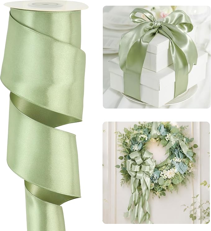 HUIHUANG Sage Green Satin Wired Ribbon 2.5 inch Double-Faced Satin Wire Edge by HUIHUANG