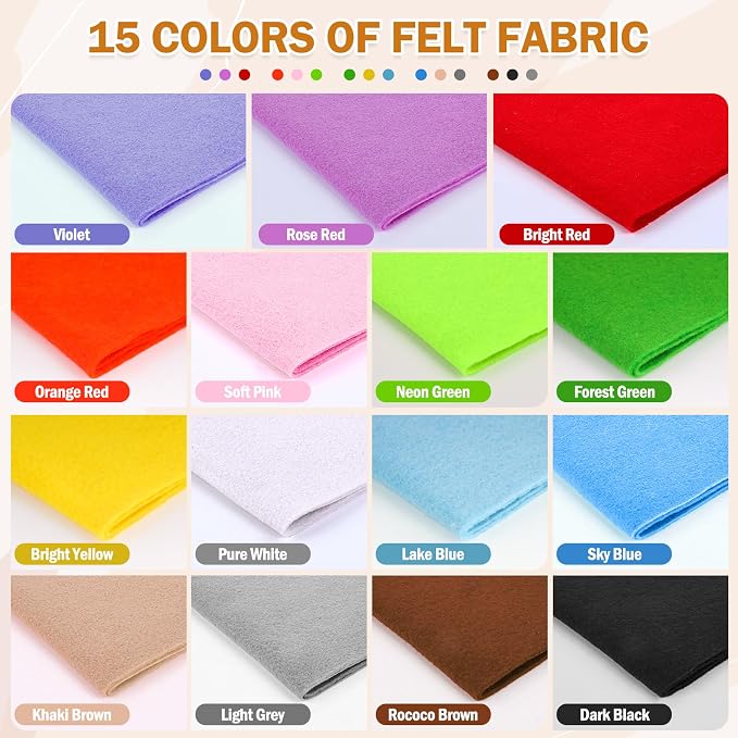 XSEINO 15PCS 8" x 12" 1.4 mm Thick Soft Felt Sheets, 15 Assorted Multicolour - Image 3